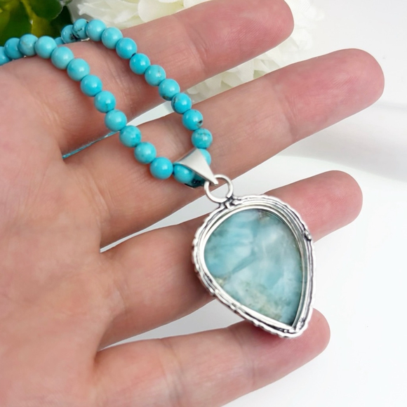 Jewelry Set Lot Blue Larimar Pendant Turquoise Necklace Bracelets 925 Overlay - Picture 6 of 9